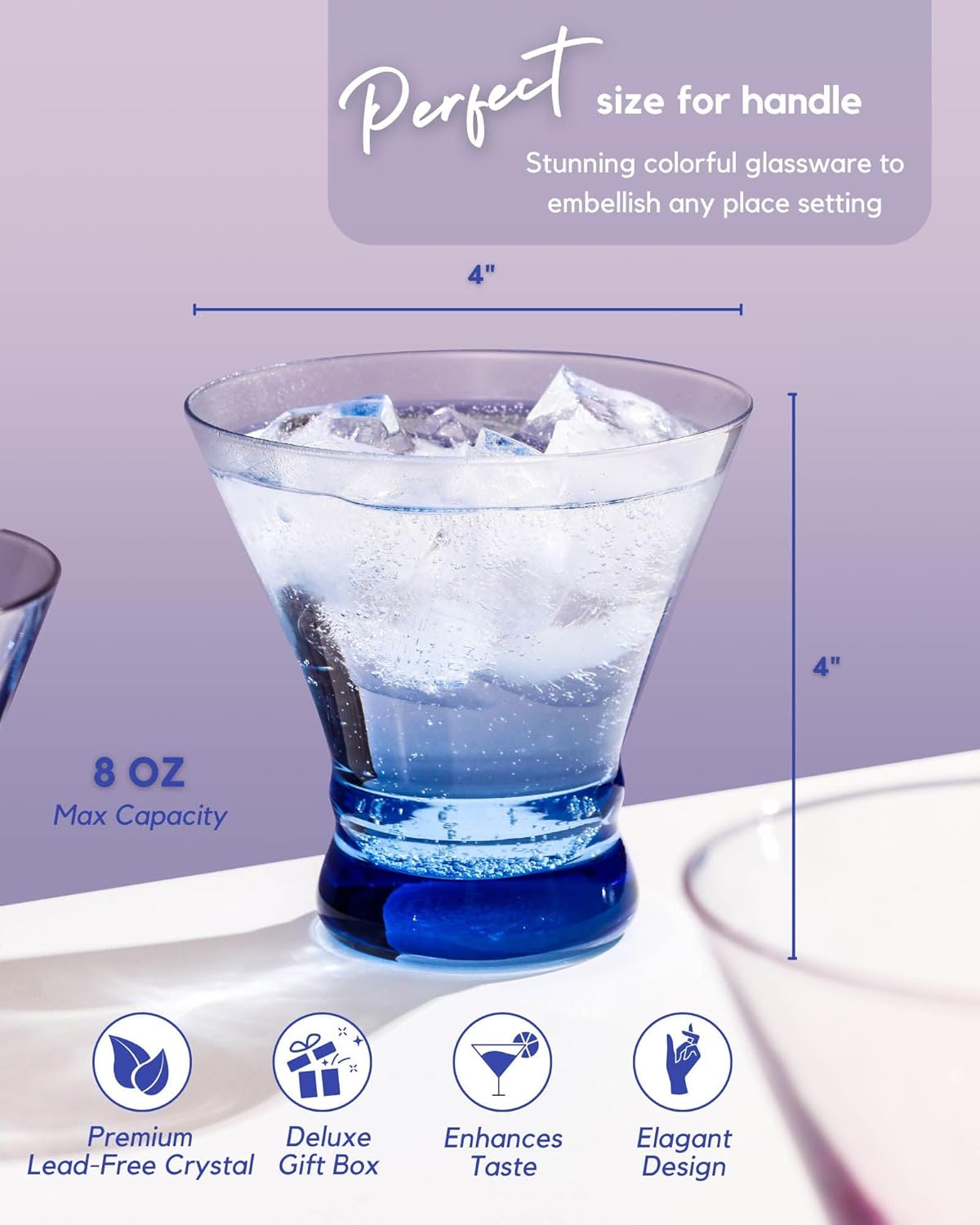 ColoVie Martini Glasses Set of 6 - Cocktail Glasses - 8oz Stemless Margarita, Bar, Dessert Glass - Colored Liquor Drinking Glassware - Cosmo, Manhattan, Espresso Martini - Cocktail Party Gift for Her