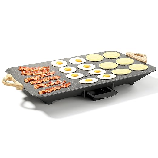 BBQ Masters Electric Griddle, 1700W Quick & Even Heating, Granite Nonstick Surface with Frameless Sloped Design, Easy to Clean, Perfect for Family Breakfasts, Speckled Black, 12x20Inch