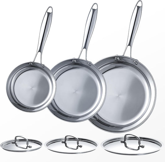 Stainless Steel Frying Pan Sets 6 Piece 8, 10 & 12 Inch with Lids, Oven & Dishwasher Safe Fast and Even Heating Stay Cool Handles Non-toxic PFOA Free Stir Fry Pan Skillets Sets
