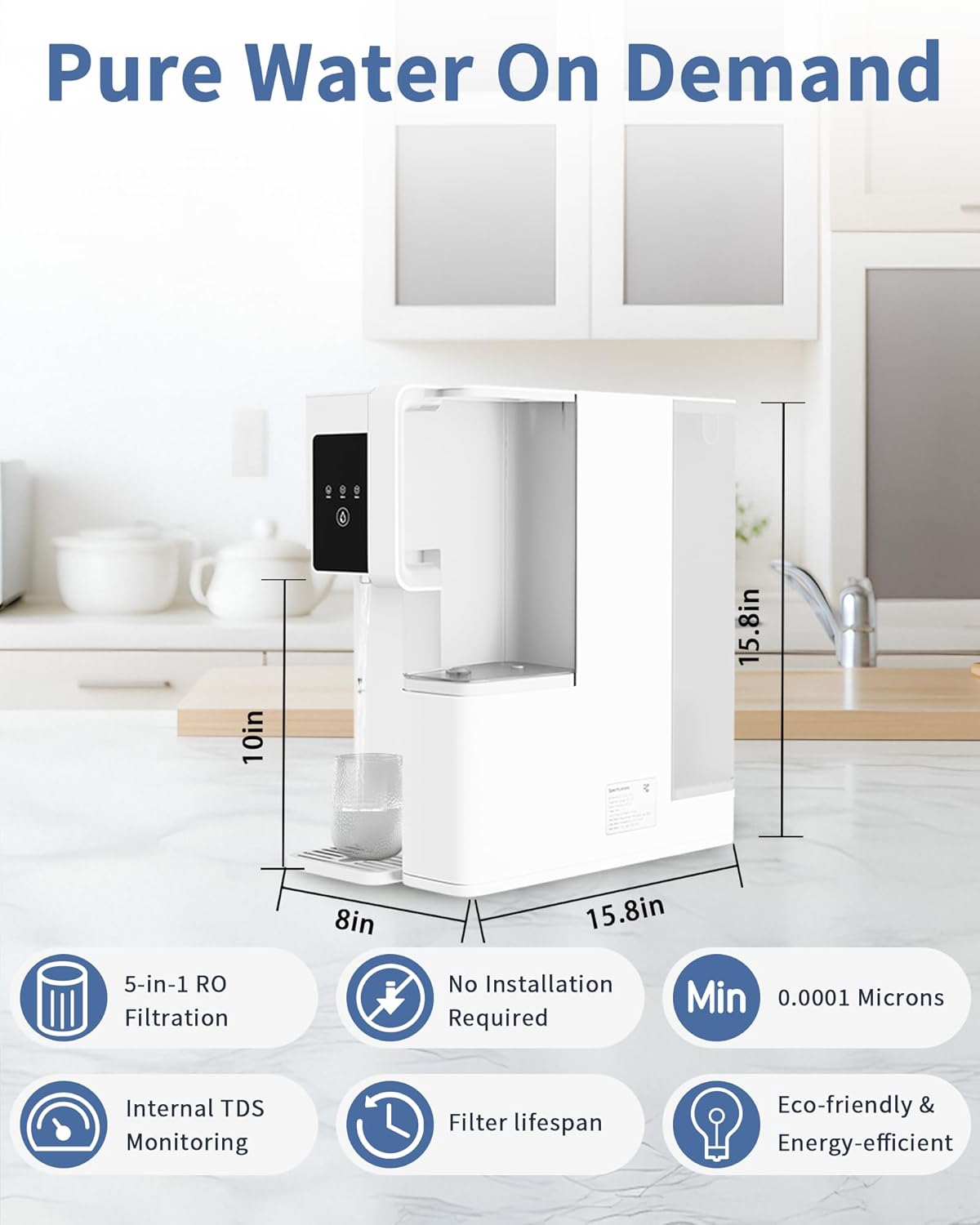 Reverse Osmosis System Countertop, Portable 5 in 1 RO Water Filtration System, 3:1 Pure to Drain Ratio Purifier, TDS & Filter Monitor, Water Filter for Home, Office, RV White