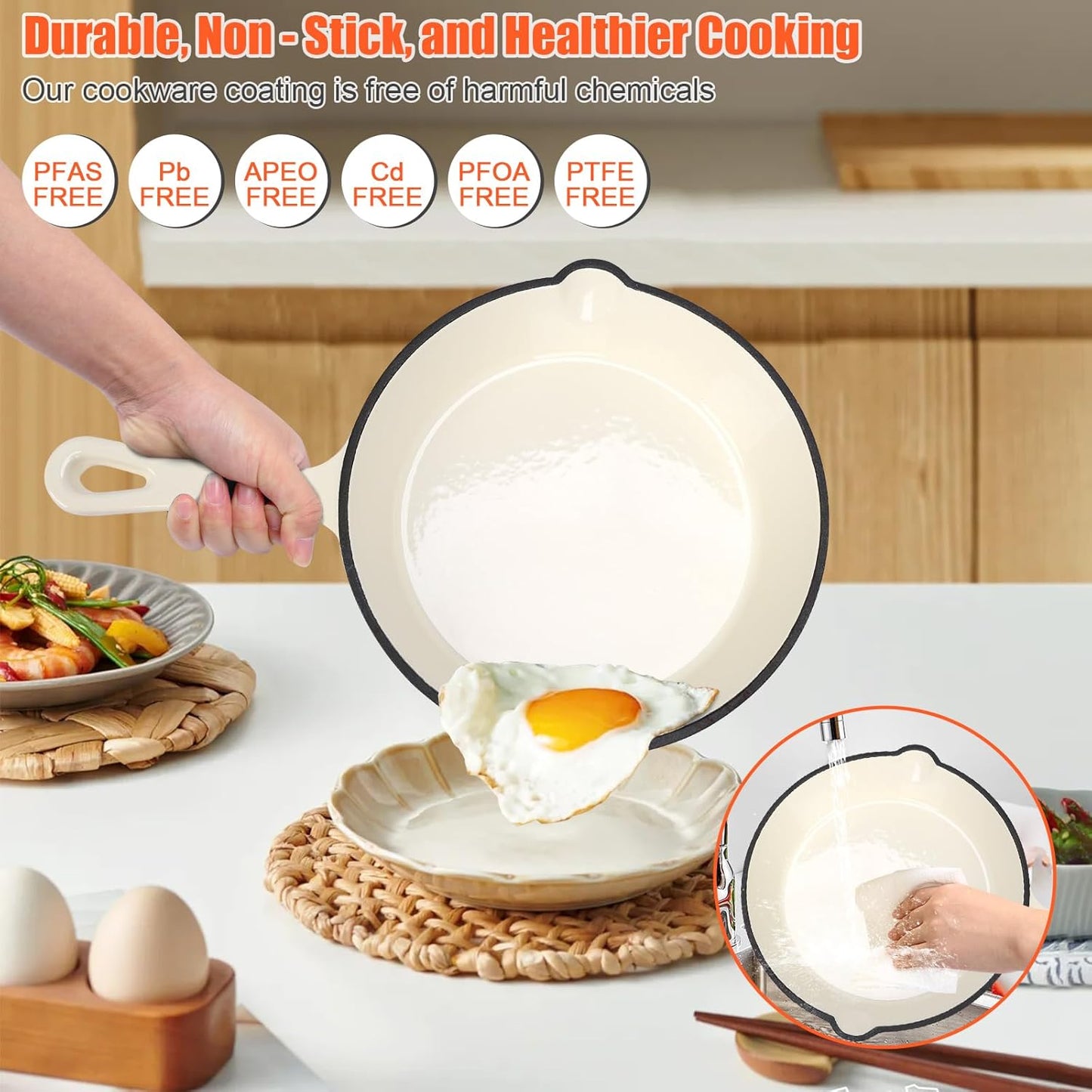 Nonstick Enameled Cast Iron Cookware Set - 8 Piece Pots and Pans with Lid, Frying Pan, Skillet, Dutch Oven Set for All Stovetops, Ideal for Sourdough Bread Baking, Comes with Organizer, Cream White