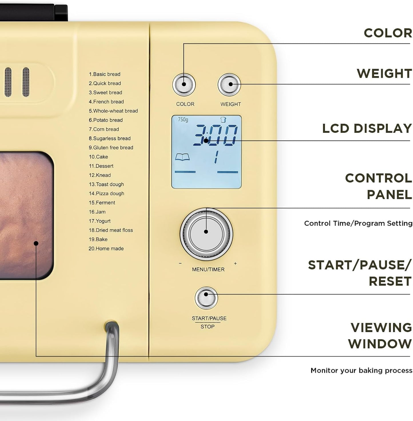 Neretva 20-IN-1 Bread Maker, Dual Heater 2LB Bread Machine All Metal&Nonstick Ceramic Pan Bread Makers Machine Compact for Gluten Free/Dough Maker/Dried Meat Floss/Jam/Yogurt, Breadmaker Recipe-Yellow