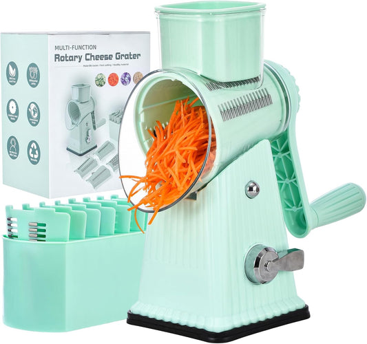 Xilrvna Rotary CheeseGrater, Vegetable Shredder 5 in 1 CheeseGraterwithHandleedderReinforcedSuction,EasytoClean,KitchenChopperforCrushed Ice,Fruits and Nuts with Blade Storage Case（Green）