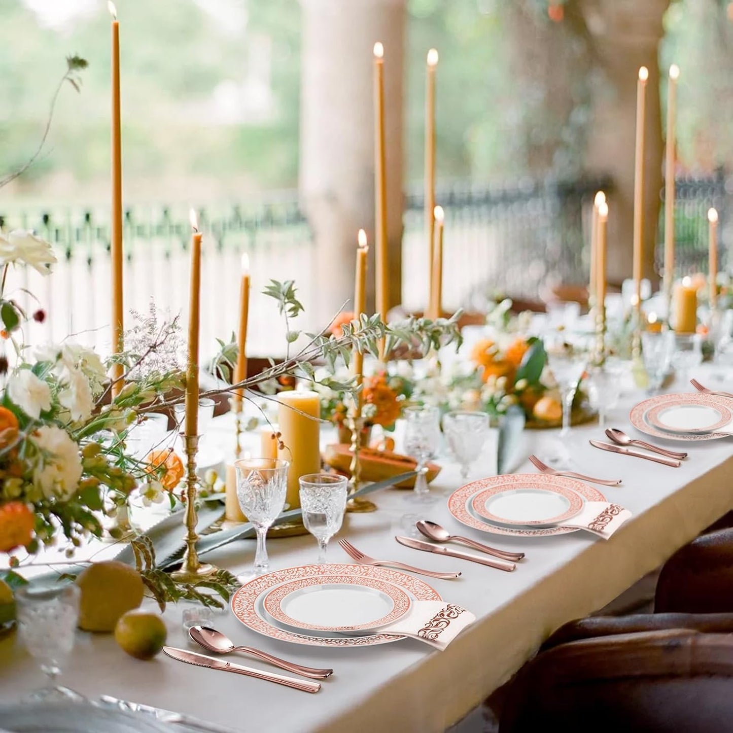 700PCS Rose Gold Plastic Dinnerware Set for 100 Guests, Disposable Plates for Party, Wedding, Include 100 Rose Dinner Plates, 100 Dessert Plates, 100 Set Silverware, 100 Cups, 100 Napkins