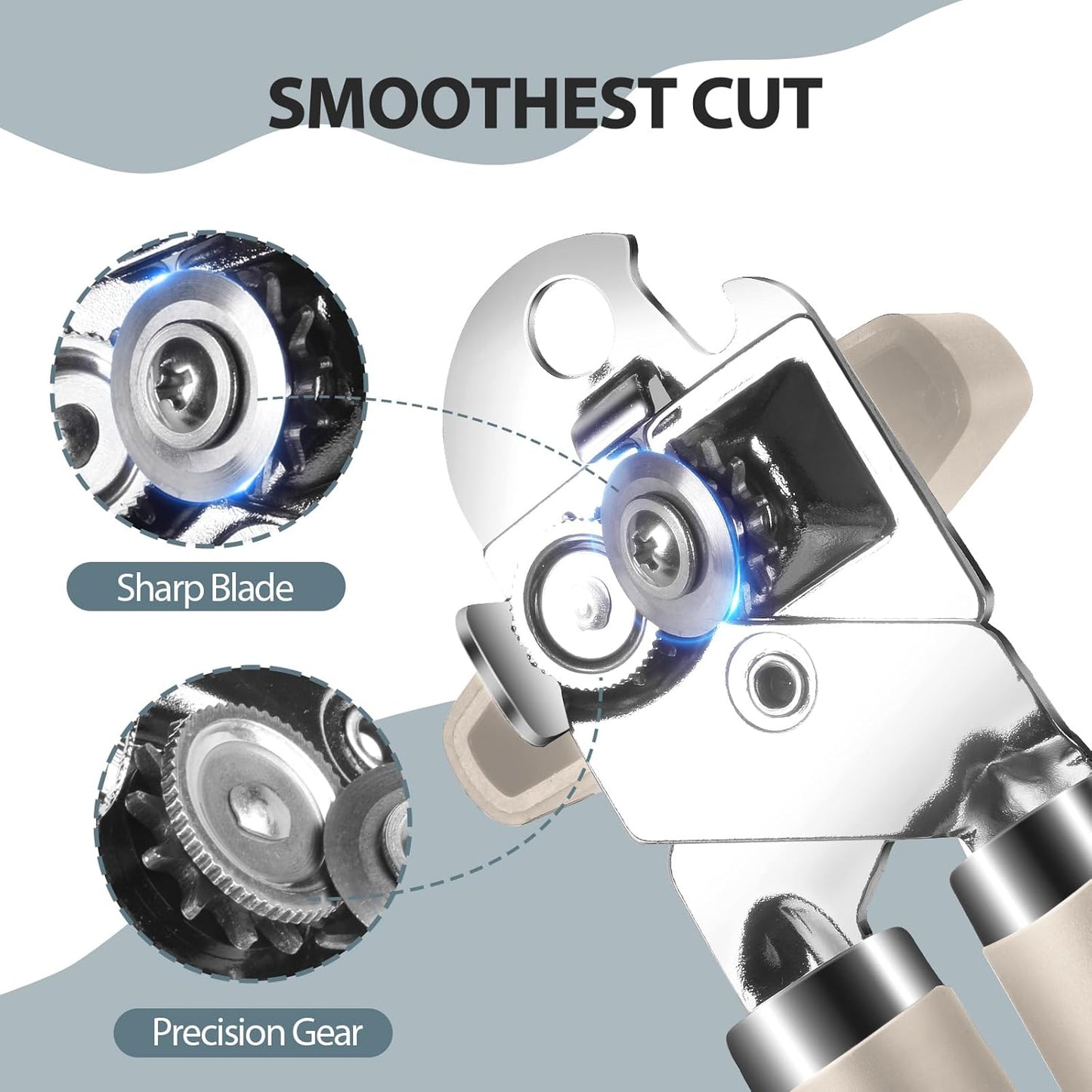 Can Opener Manual, Heavy Duty Handheld Strong Can Opener with Soft Touch Handle, Sharp Blade Smooth Edge, Can Openers with Multifunctional Bottle Opener, Beige