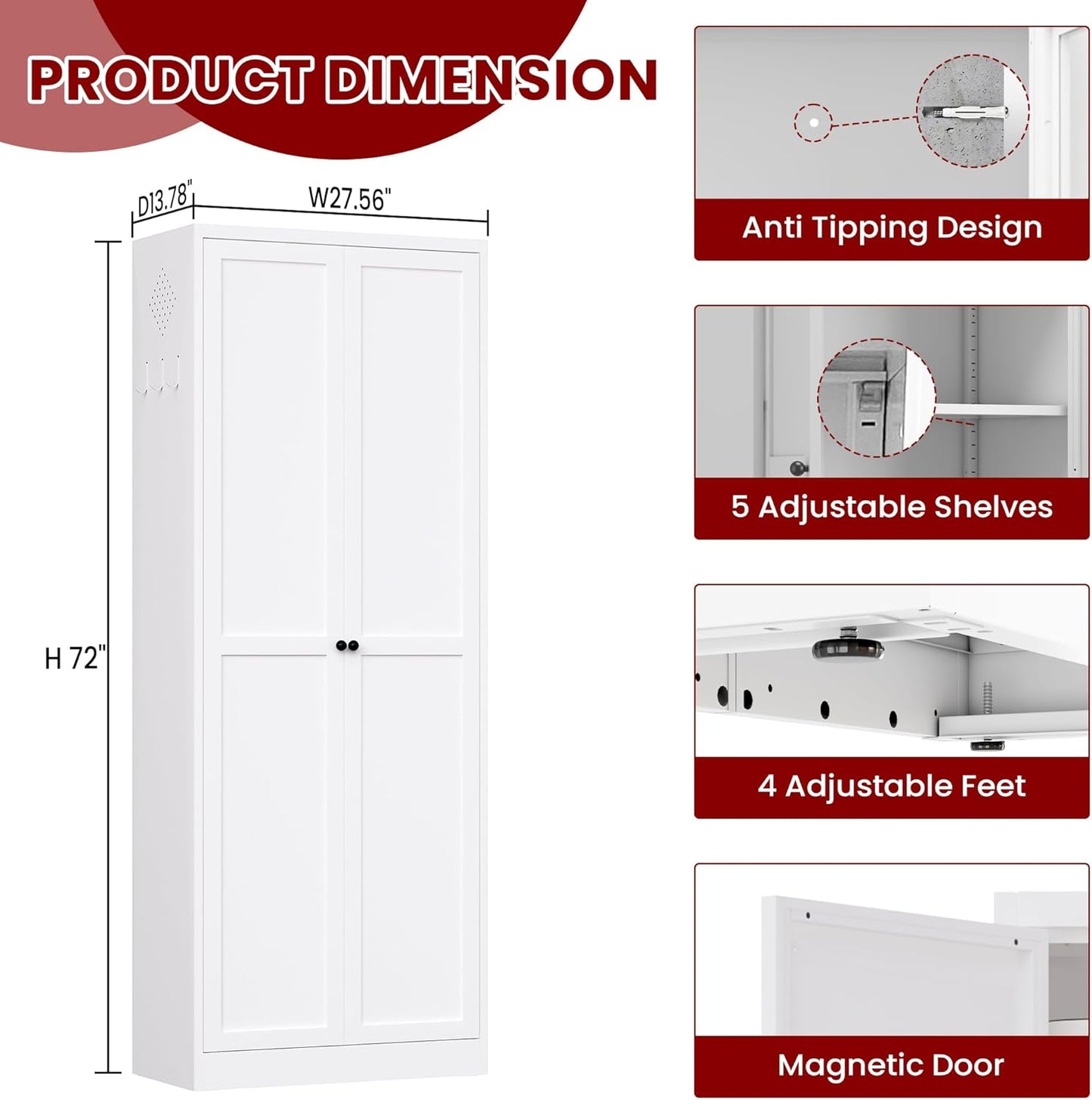 AQY Kitchen Pantry Cabinet,72" White Pantry Storage Cabinet with 5 Tier Adjustable Shelves and 2 Doors,Freestanding Cupboard,Metal Pantry Cabinets with Handle for Living Room Kitchen Assembly Required