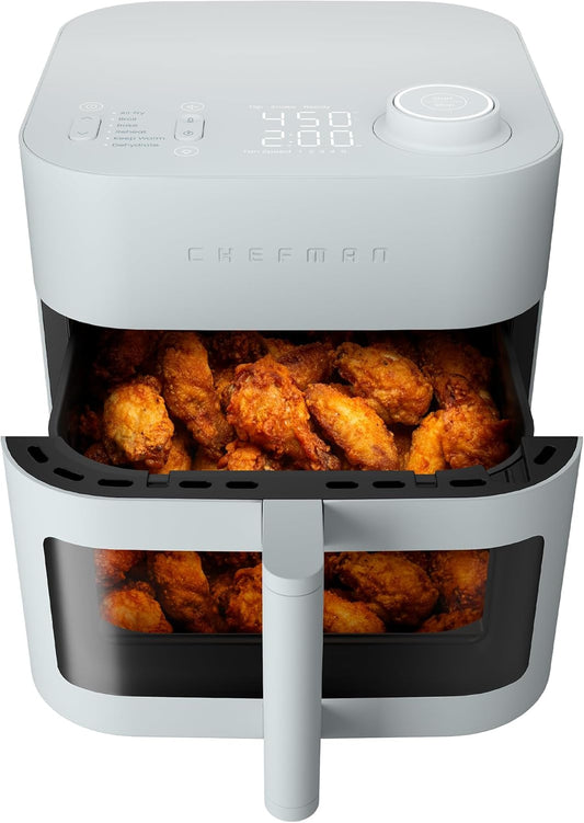 Chefman Crispinator Air Fryer 6-in-1 with 8 Qt capacity, 450°F Max Temp with TurboFry Pro Technology for Fast and Even Results, Viewing Window, Nonstick Ceramic Basket
