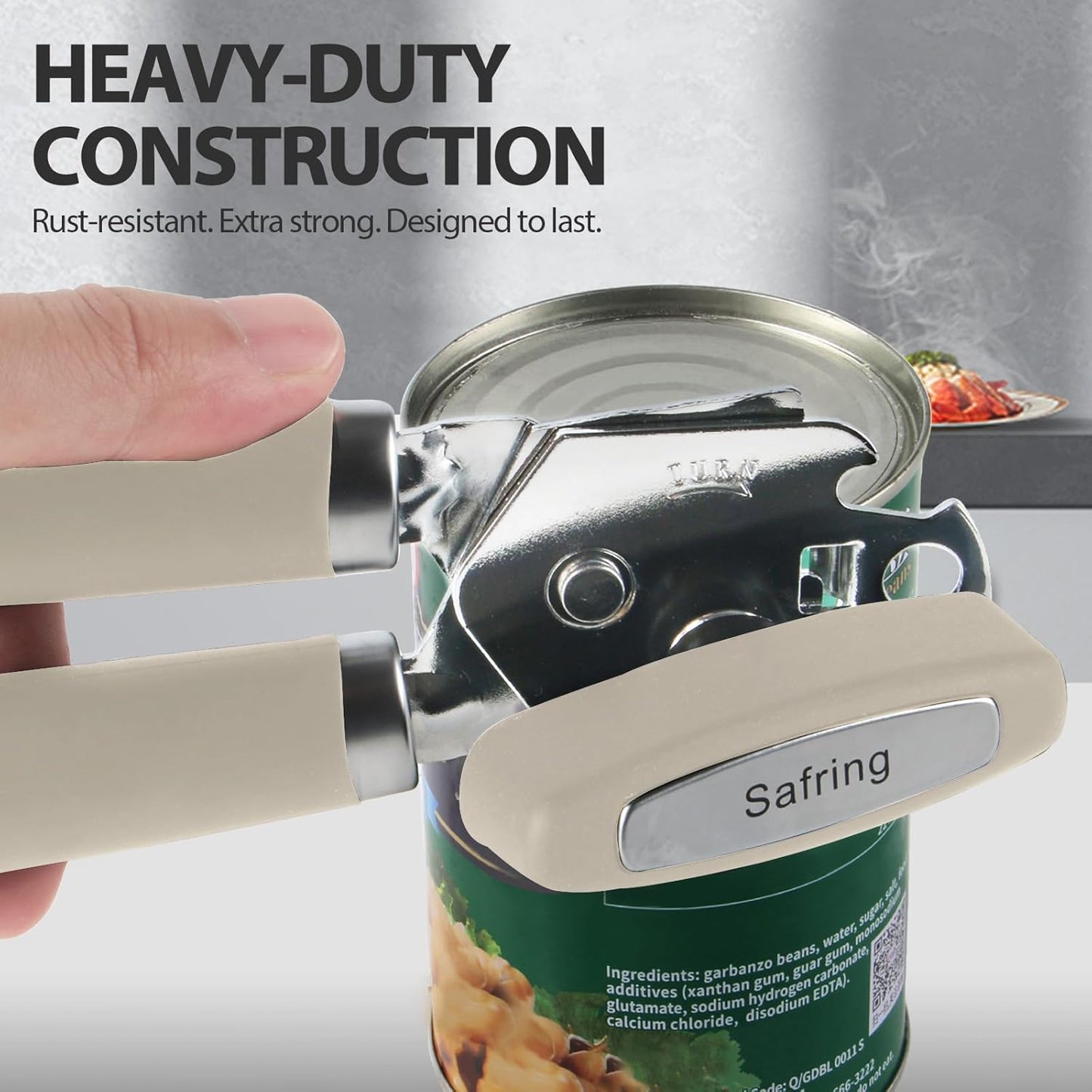 Can Opener Manual, Heavy Duty Handheld Strong Can Opener with Soft Touch Handle, Sharp Blade Smooth Edge, Can Openers with Multifunctional Bottle Opener, Beige