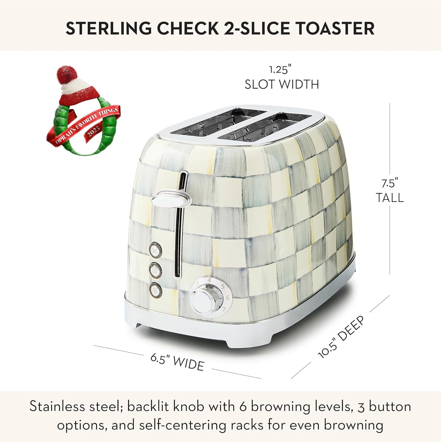 MACKENZIE-CHILDS 2-Slice Toaster, Decorative Toaster for Kitchen, Gray-and-White Sterling Check