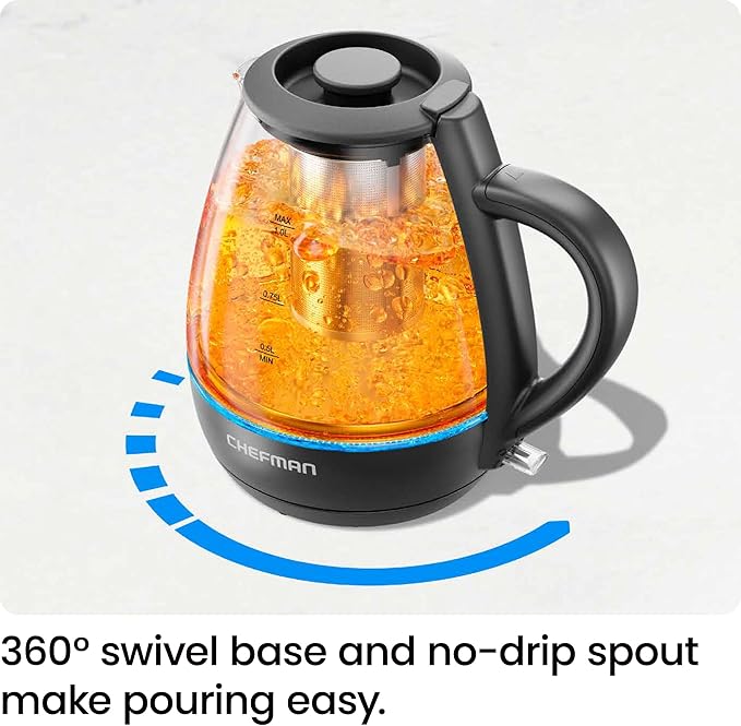 Chefman Electric Kettle with Tea Infuser, 1L 1500W, Removable Lid for Easy Cleaning, Boil-Dry Protection, Stainless Steel Filter, BPA Free, Auto Shut Off Hot Water Boiler, Small Electric Tea Kettle