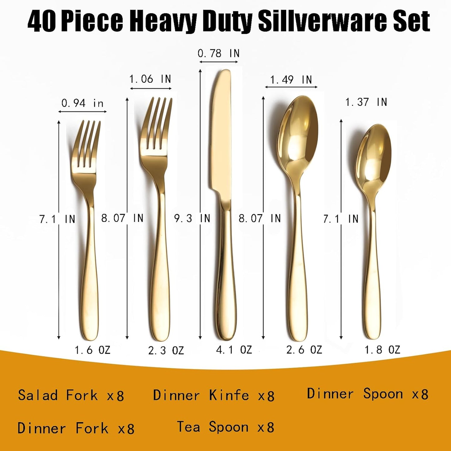 40-Piece Gold Silverware Set, Flatware Set for 8, Food-Grade Stainless Steel Tableware Cutlery Set, Mirror Finished Utensil Sets for Home Restaurant, Forks Spoons and Knives Set, Dishwasher Safe