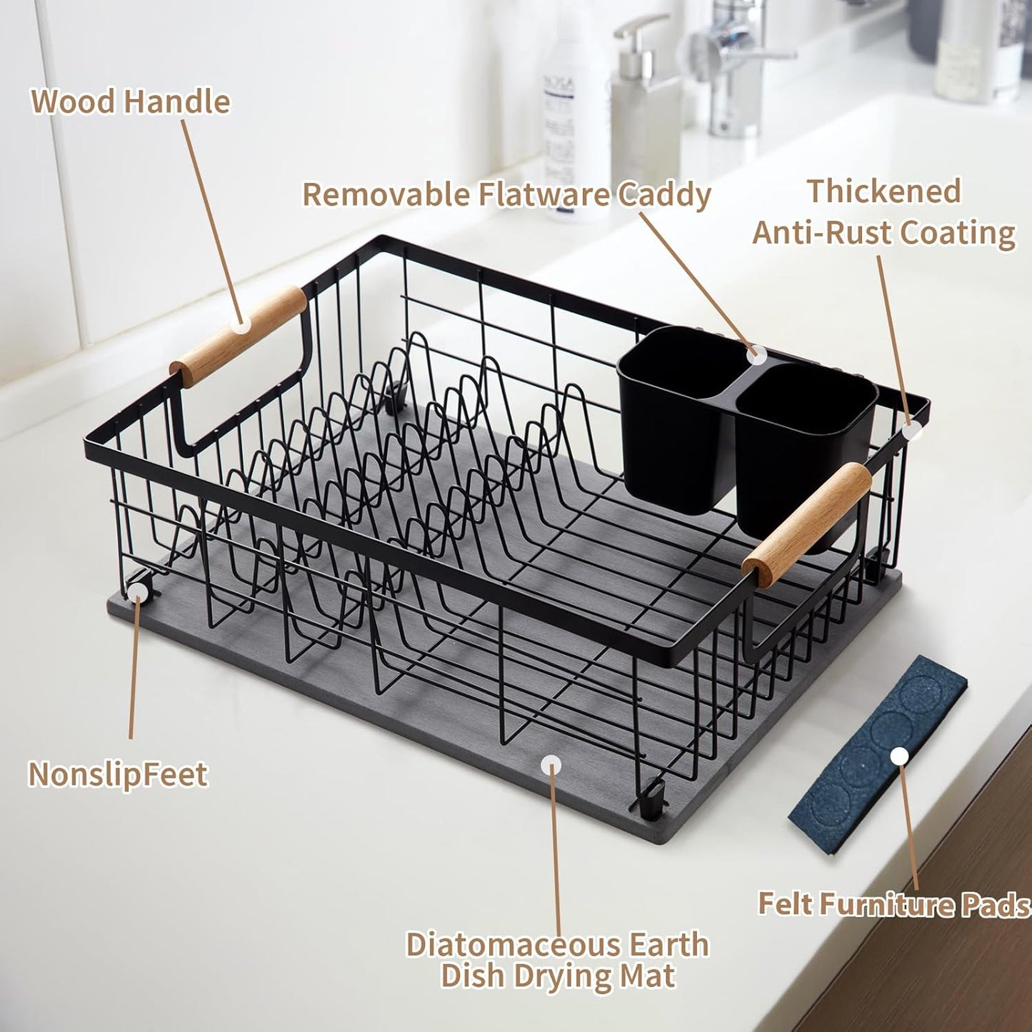 Dish Drying Rack with Stone Drying Mat, Diatomaceous Earth Dish Drying Mat for Kitchen Counter, Dish Drainers with Dish Drying mat