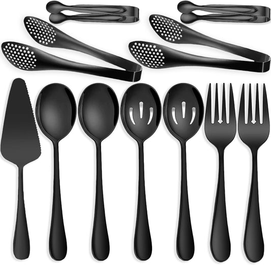 11 PCS Serving Utensils, Large Stainless Steel Spoons Forks Tongs, Pie Server, Great for Hostess Buffet Catering Banquet Party, Black