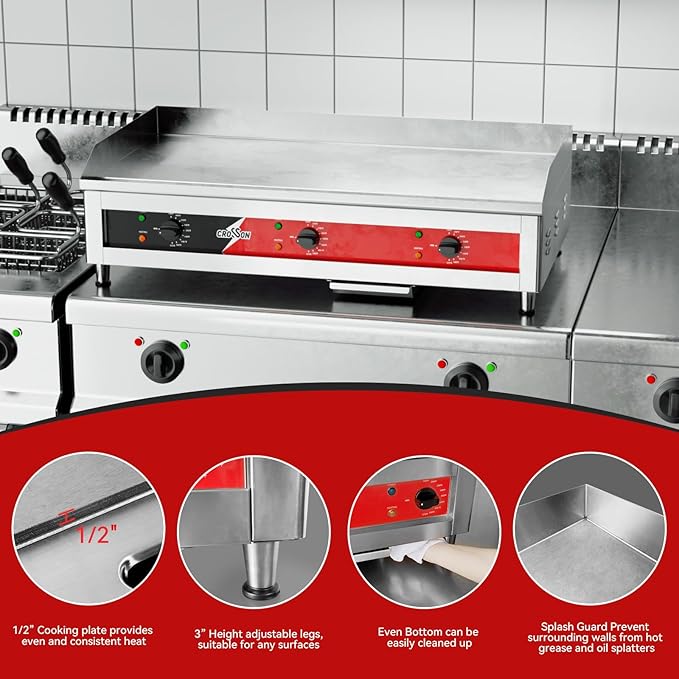 CROSSON 36"*16" Large Commercial Electric Countertop Griddle,Flat Top Heavy Duty Griddles with Non-Stick 1/2" Thick Iron Cooking Plate for Restaurant use-240V/6600W (EG-918C)