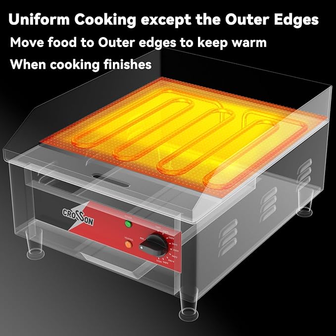 CROSSON 16"*16" Commercial Electric Countertop Griddle,Flat Top Griddles with Non-Stick 2/5" Thick Iron Cooking Plate for Restaurant and home use-120V/1750W,Spatula Included