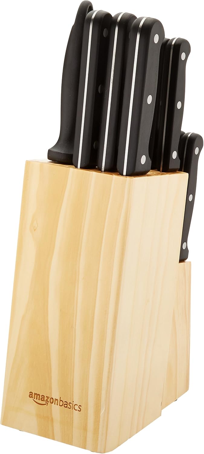 Amazon Basics 14-Piece High Carbon Stainless Steel Kitchen Knife Set with Sharpener and Pinewood Block, Black