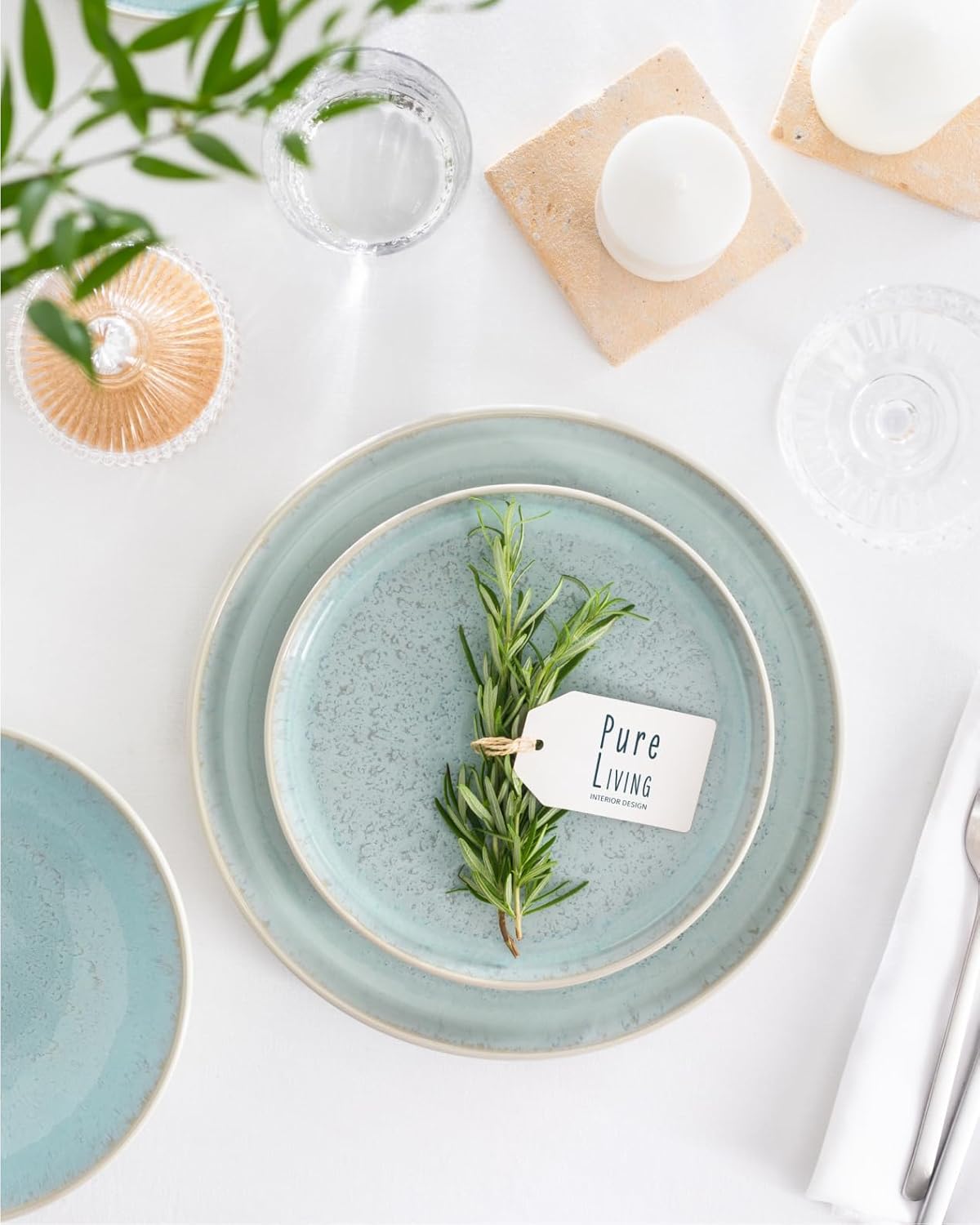 Stoneware dinnerware set 4 persons 12 pcs – Modern style plates and bowls set ceramic – Dishwasher, microwave and scratch resistant – Bowl and plate set – Dinner service Pure Living beige & light blue