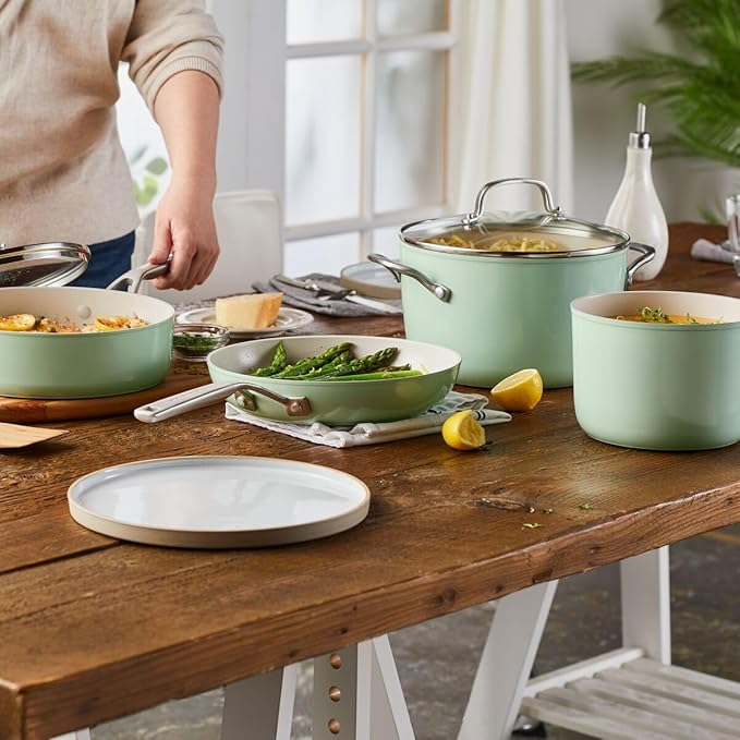 KitchenAid Hard Anodized Ceramic Nonstick Cookware Pots and Pans Set, 9 Piece - Pistachio