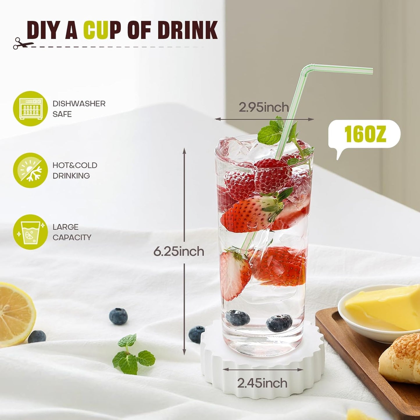 Highball Glasses Set of 12, 16oz Tall Drinking Glasses, Water Glass for Kitchen, Tom Collins Glasses, Mojito Glass Cups, Cocktail Glasses for Bar Glassware