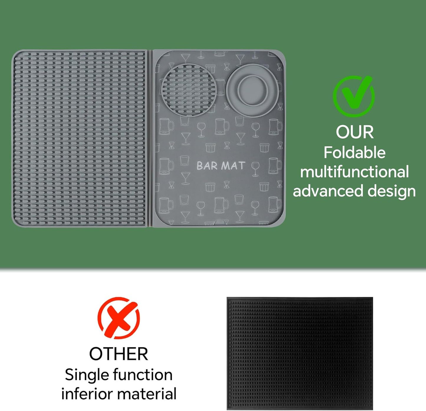 Bar Mat, Bar Accessories, Multifunctional Folding Cocktail Mat with Cutting Board, 18" X 12"(Gray) Drying Mats,Bar Mat for Countertops,Bar Decorations for Home, Outdoor Bar Accessories,Travel