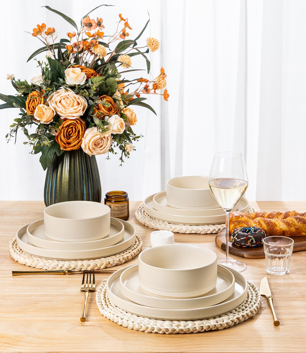 TheTerra Ceramic Dinnerware Sets for 4, 12 Pieces Handmade Reactive Glaze Plates and Bowls Set, Scratch Resistant Dish Set, Oven & Microwave & Dishwasher Safe, Matte White