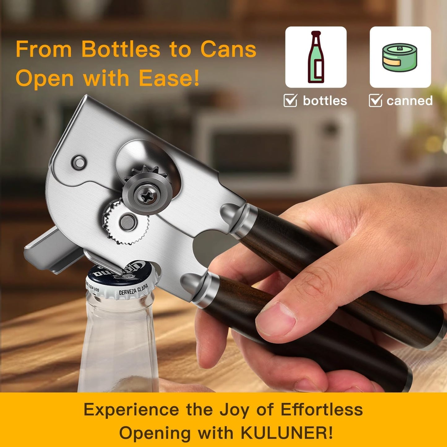Upgraded Efficient Manual Can Opener - Selected Solid Wood Handle, Sharp and Smooth Blade Edge, Portable Design, Easy-Open Large Knob, Versatile for Various Bottle Caps（Agarwood）