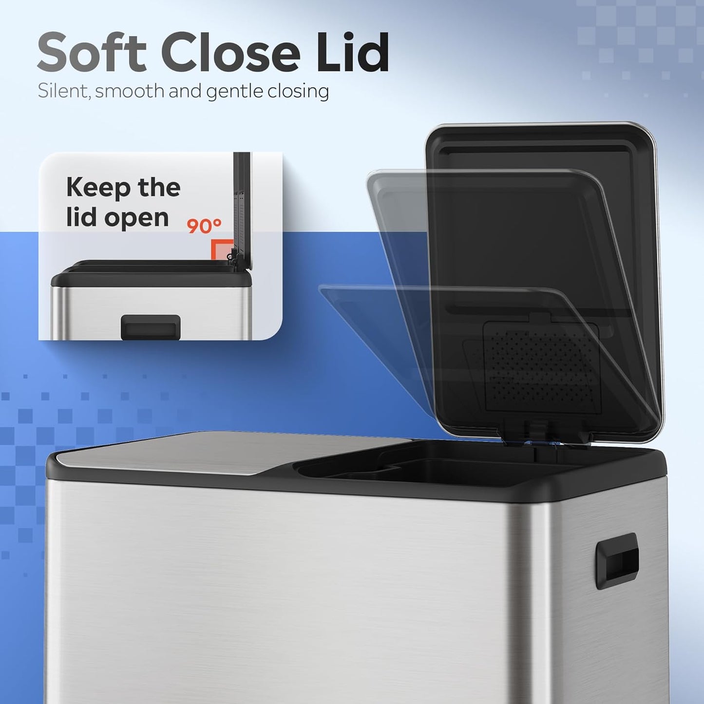 WLIVE 2 x 8 Gallon Dual Compartment Trash Can Stainless Steel, Pet-Proof Double Garbage Can Kitchen with Lid, Inner Buckets and Deodorizing Filter Box, Trash and Recycle Bin Combo, Silver