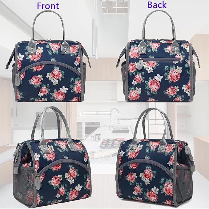 FlowFly Insulated Lunch Bag for Women, Men, Large and Reusable, Handle, Work and Travel Tote and Meal Prep Organizer, Rose