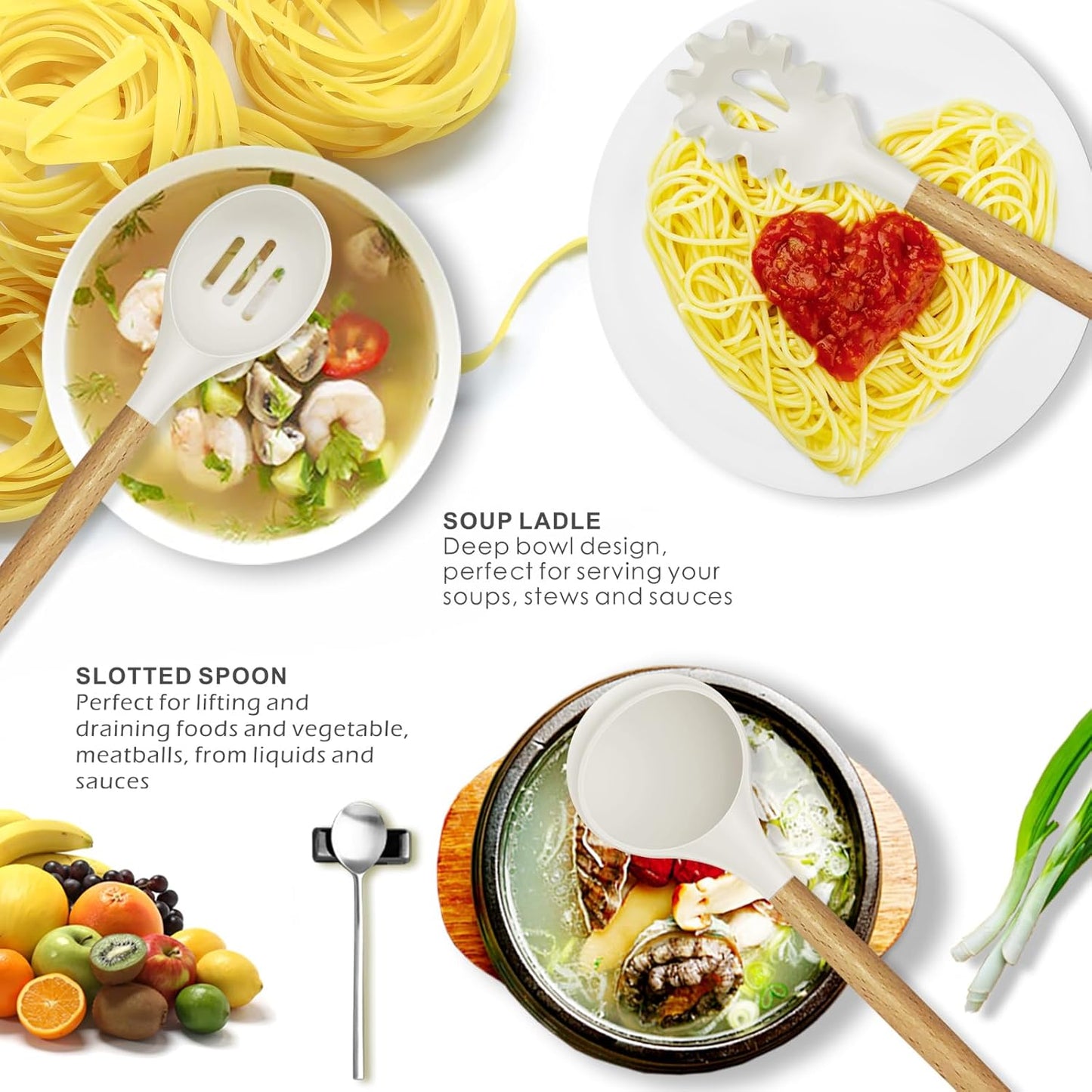 Silicone Cooking Utensils Set - 446°F Heat Resistant Silicone Kitchen Utensils for Cooking,Kitchen Utensil Spatula Set w Wooden Handles and Holder for Non-Stick Cookware (Cream White)