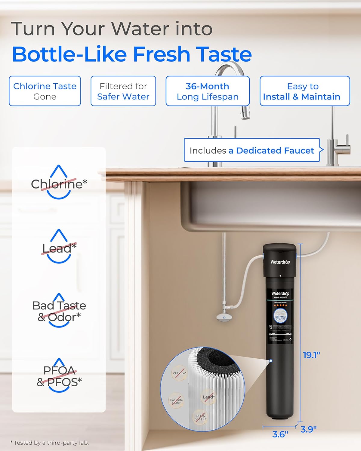 Waterdrop 17UB 3 Years Under Sink Water Filter, Under Sink Water Filtration System, NSF/ANSI 42 Certified, Reduces PFAS, PFOA/PFOS, Lead, Under Sink Water Filter with Faucet, 24K Gallons