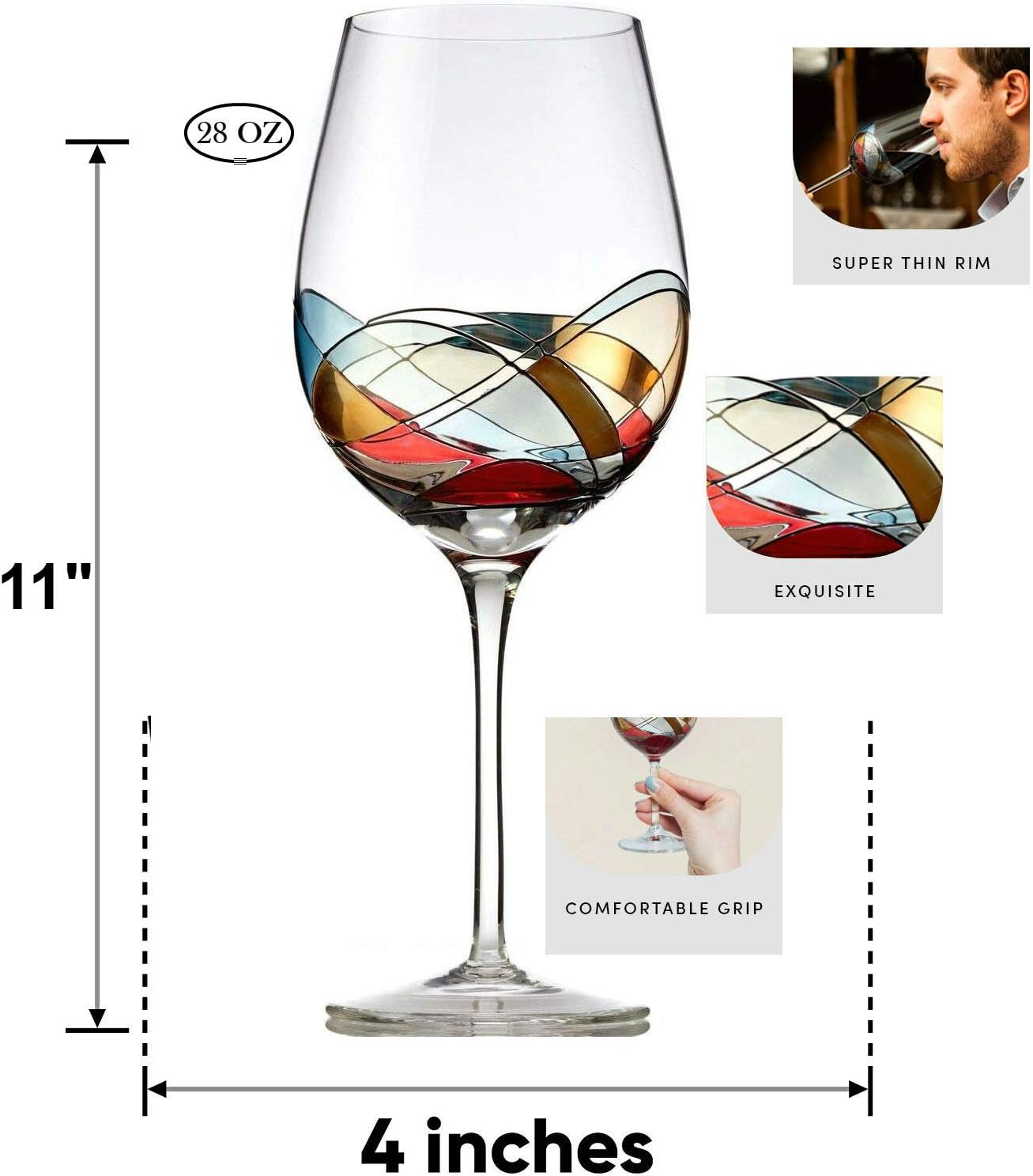 Bezrat Red Wine Glass, Hand Painted Wine Glass, Drinkware Essentials, 11" H, 28oz Wine Lover Large Wine Glass, Glassware Gifts Ideas for Women Inspired by The 'Duomo di Milano'