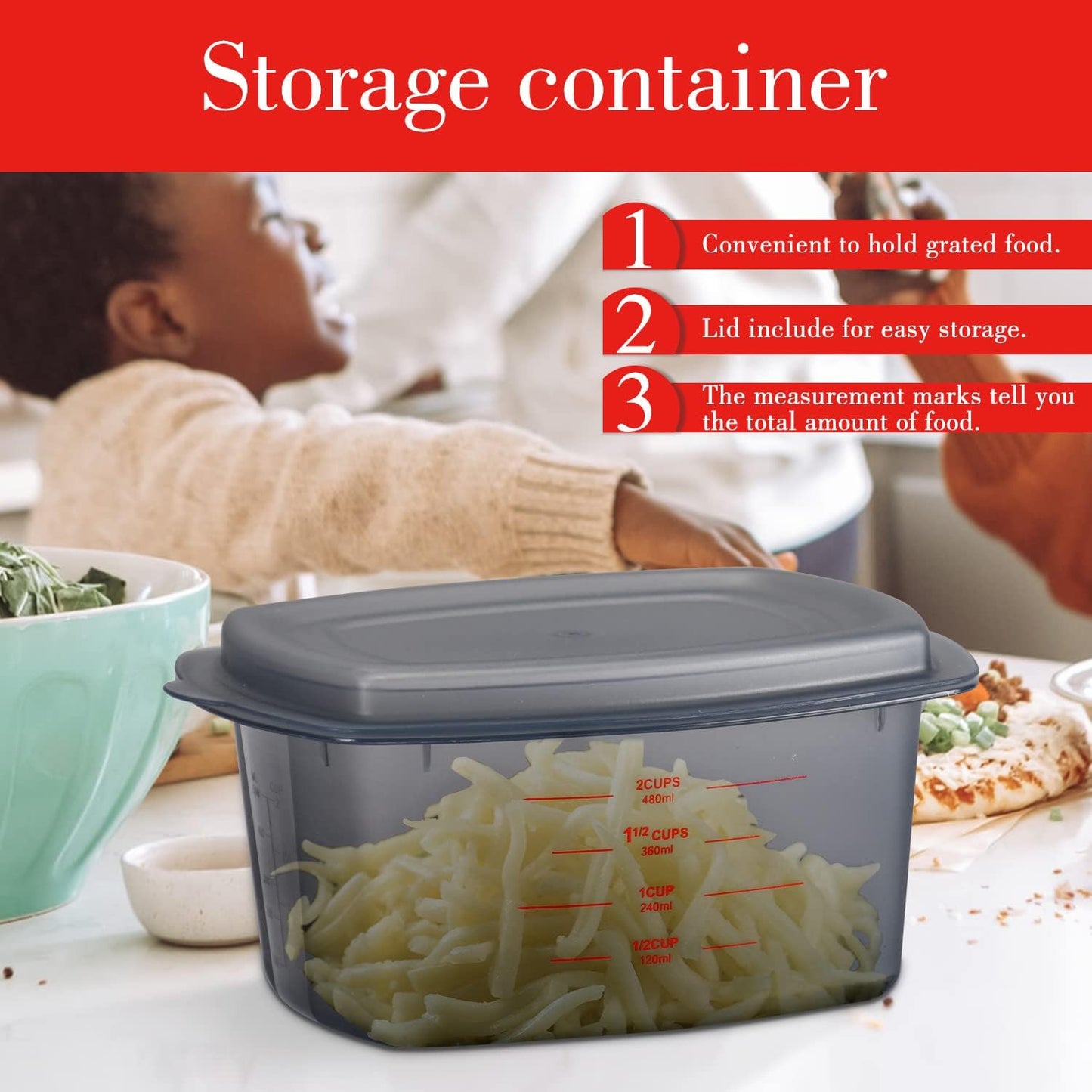 Ourokhome Cheese Grater with Handle, Stainless Steel Box Grater, 4 Side Kitchen Vegetable Shredder Slicer Zester with Container for Parmesan, Cabbage, Ginger, Lemon, Chocolate, Coconut (Teal black)