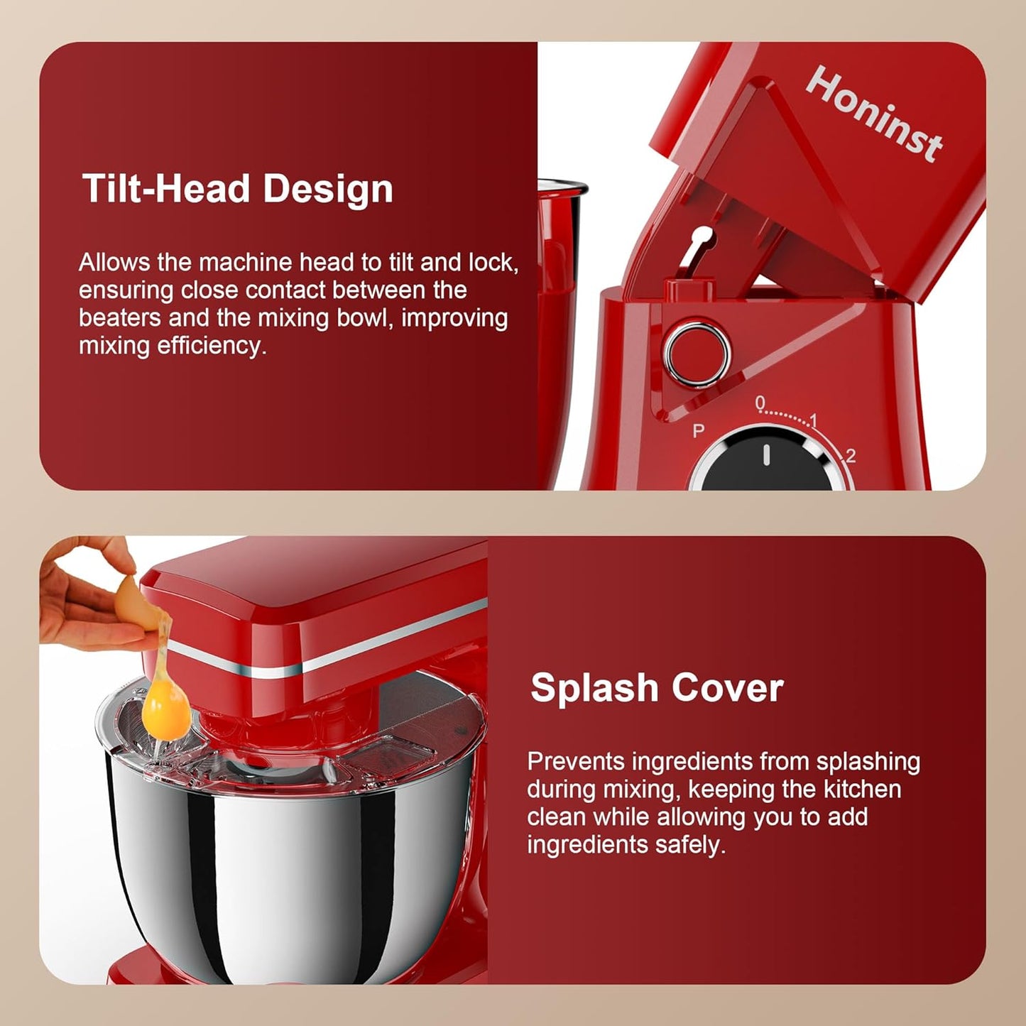 Stand Mixer, 10-Speed Kitchen Electric Mixer, 6QT Food Mixer with 8-in-1 Splash Guard, Dishwasher-Safe Dough Hook/Whisk/Beater/Spatula, Dough Mixers for Baking, Red