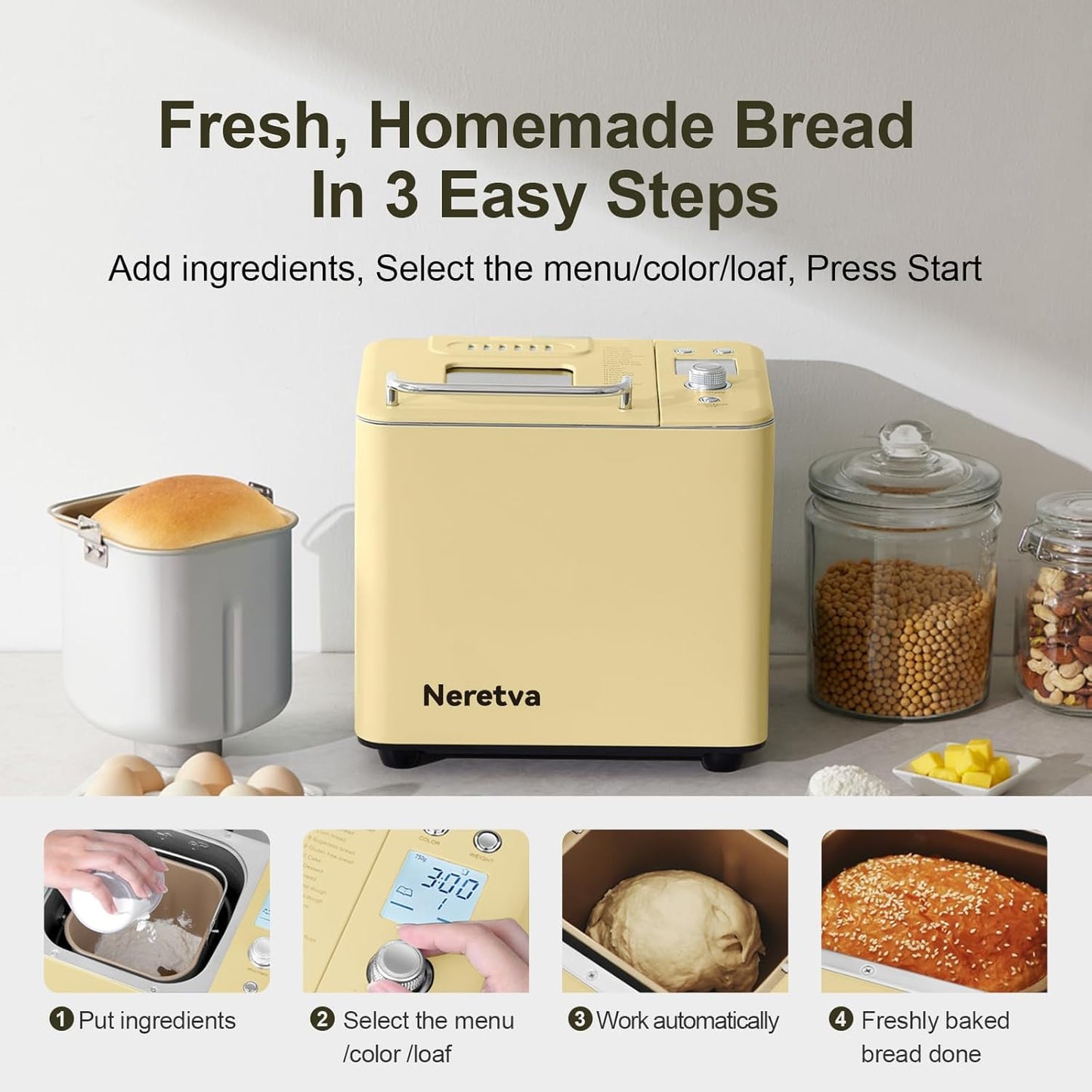 Neretva 20-IN-1 Bread Maker, Dual Heater 2LB Bread Machine All Metal&Nonstick Ceramic Pan Bread Makers Machine Compact for Gluten Free/Dough Maker/Dried Meat Floss/Jam/Yogurt, Breadmaker Recipe-Yellow