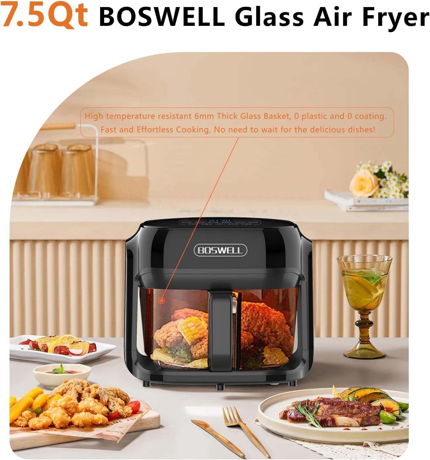 BOSWELL Glass Air Fryer, 7.5QT with Transparent Fry Bowl, Circulating Heating, Temperature Control, Air Fryer Roast, Dishwasher Safe