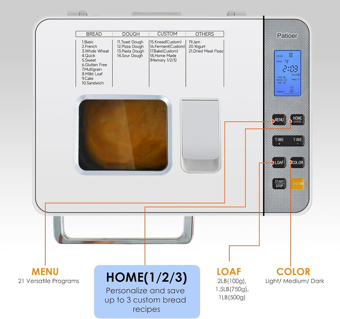 2LB Bread Maker with Yeast & Nut Dispenser, 21-in-1 Programmable Compact Bread Machine 3 Loaf Sizes 3 Crust Colors