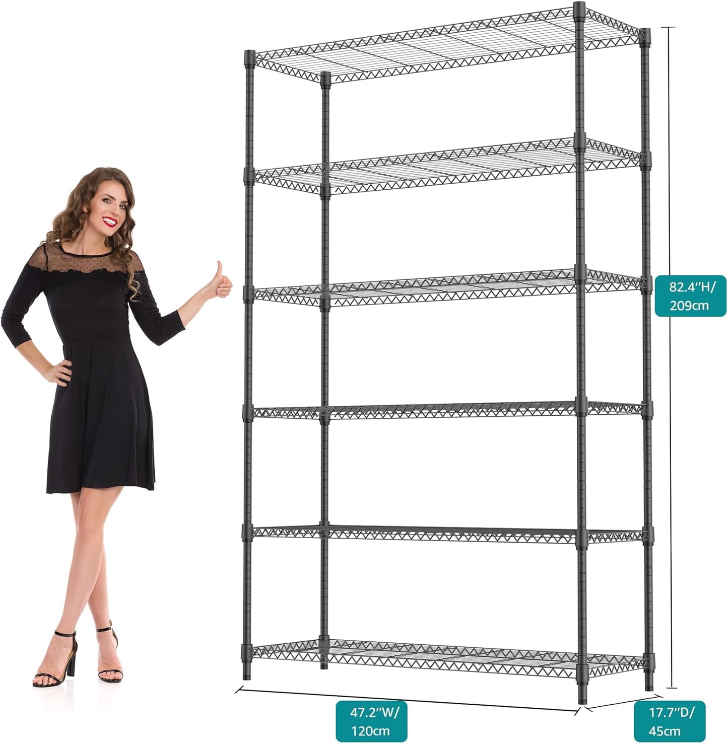 6 Tiers Shelf 2100 lbs Steel Storage Shelving Utility Shelving Unit Steel Organizer Wire Rack for Home,Kitchen,Office,Garage Black 17.7" D x 47.2" W x 82.4" H