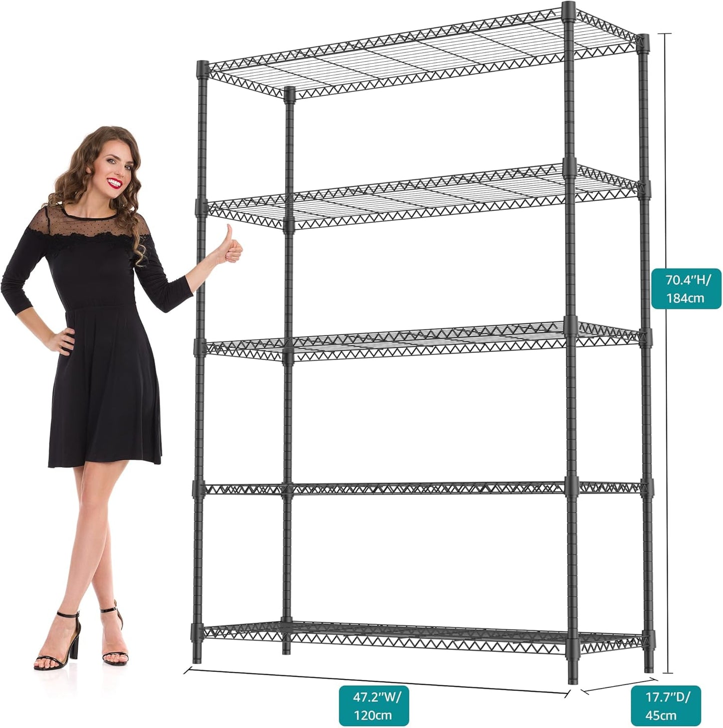 5 Tiers Shelf 1750 lbs Steel Storage Shelving Utility Shelving Unit Steel Organizer Wire Rack for Home,Kitchen,Office,Garage Black 17.7" D x 47.2" W x 72.4" H