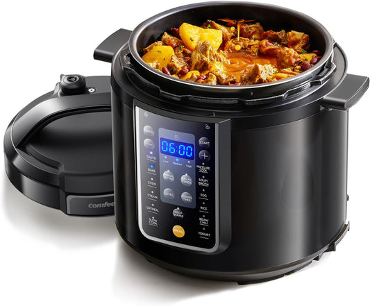 COMFEE’ 9-in-1 Electric Pressure Cooker 13 Presets Instant Multi Cooker Olla de Presion Slow Cooker Rice Cooker Steamer Sauté Yogurt Maker Non-Stick Pot 6 Quart Black, Aluminum