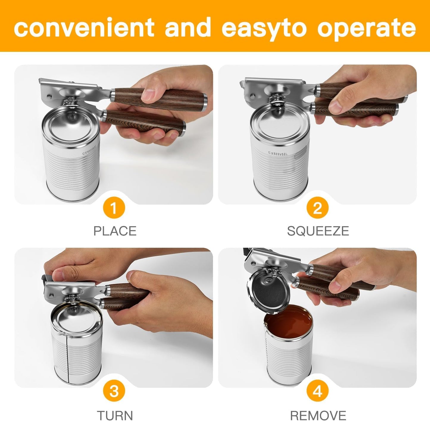 Upgraded Efficient Manual Can Opener - Selected Solid Wood Handle, Sharp and Smooth Blade Edge, Portable Design, Easy-Open Large Knob, Versatile for Various Bottle Caps(Wenge)
