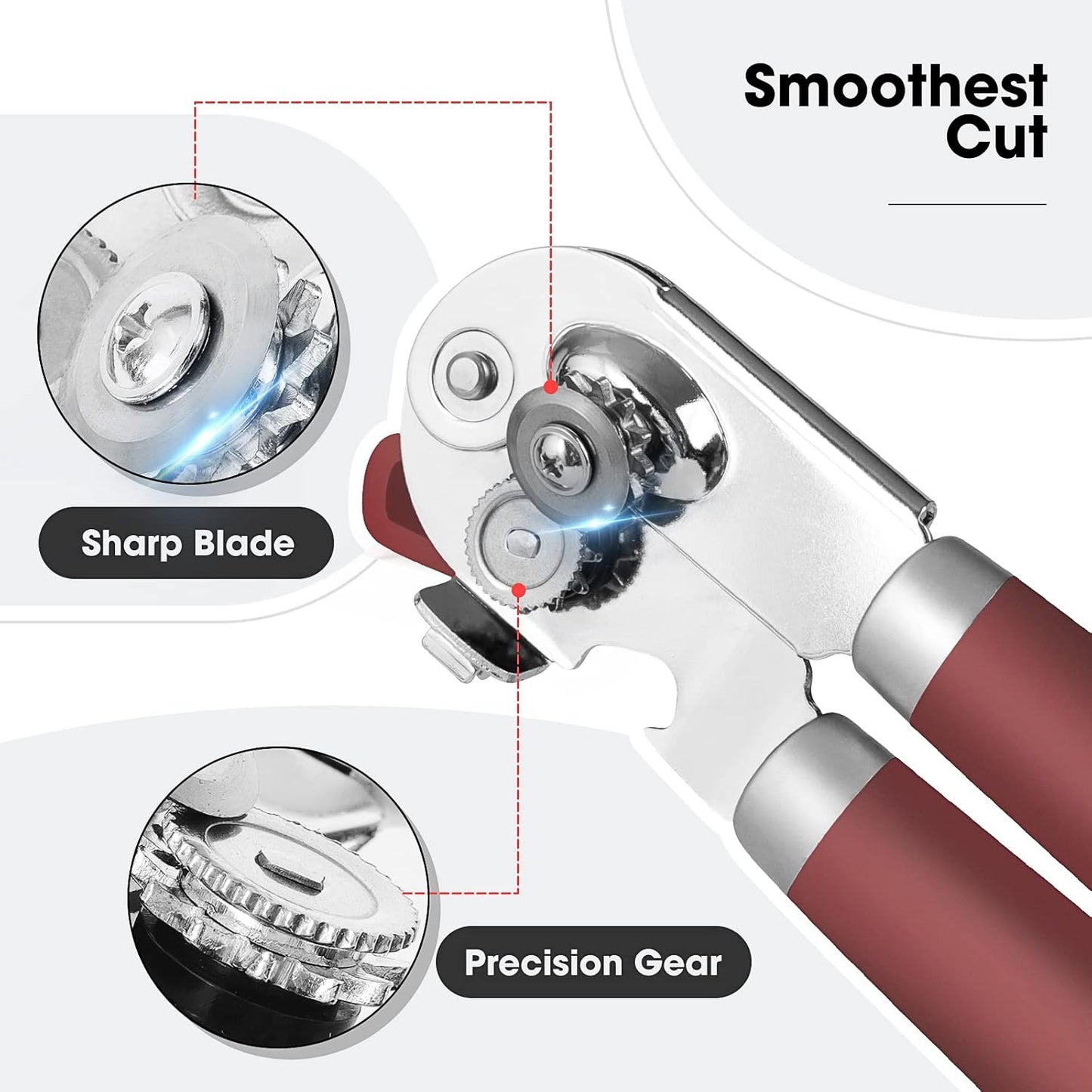 Beneno Heavy Duty Hand Can Opener Manual with Magnet, Durable Sharp Carbon Steel Blade Smooth Cutting, Big Effort-Saving Knob & Soft Grip Handle, Multifunctional Kitchen Tool with Bottle Opener, Red