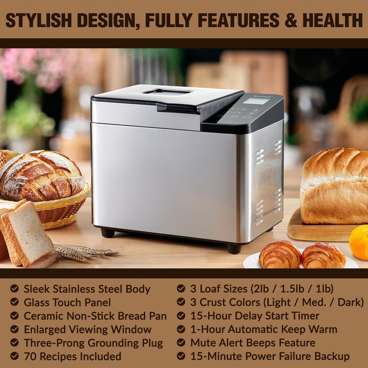 Bread Maker Machine with Ceramic Nonstick Pan, 19 Menus, 2 Pound Stainless Steel Breadmaker with Glass Touch Panel, Gluten Free, Sourdough Starter, Custom Setting, 3 Loaf Sizes & Crust Colors
