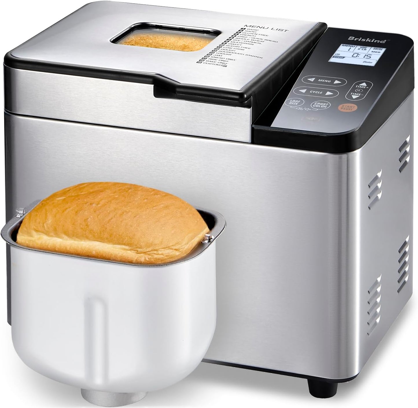 Bread Maker Machine with Ceramic Nonstick Pan, 19 Menus, 2 Pound Stainless Steel Breadmaker with Glass Touch Panel, Gluten Free, Sourdough Starter, Custom Setting, 3 Loaf Sizes & Crust Colors