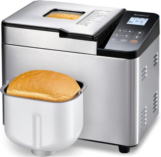 Bread Maker Machine with Ceramic Nonstick Pan, 19 Menus, 2 Pound Stainless Steel Breadmaker with Glass Touch Panel, Gluten Free, Sourdough Starter, Custom Setting, 3 Loaf Sizes & Crust Colors