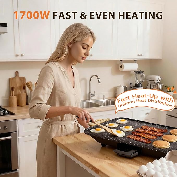 CookSimple Everyday 20"x12" Electric Griddle–1700W Nonstick ILAG Granite Surface, Large Flat Design, Perfect for Family Meals, Pancakes&Eggs, Fast Even Heating, Easy to Clean, Granite Black