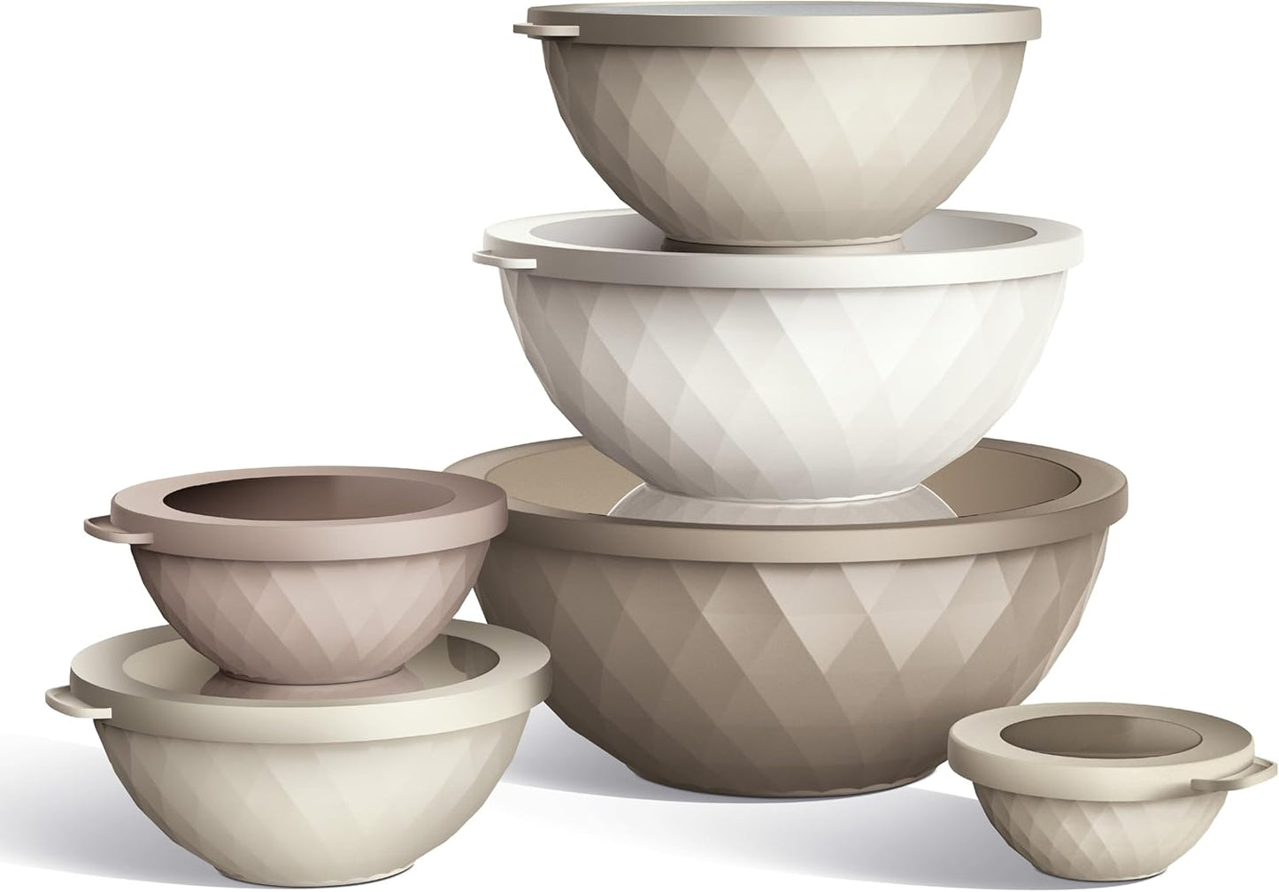 COOK WITH COLOR Mixing Bowls with Lids - 12 Piece Plastic Nesting Bowls Set includes 6 Prep Bowls and 6 Lids, Diamond Design - Microwave Safe, Brown