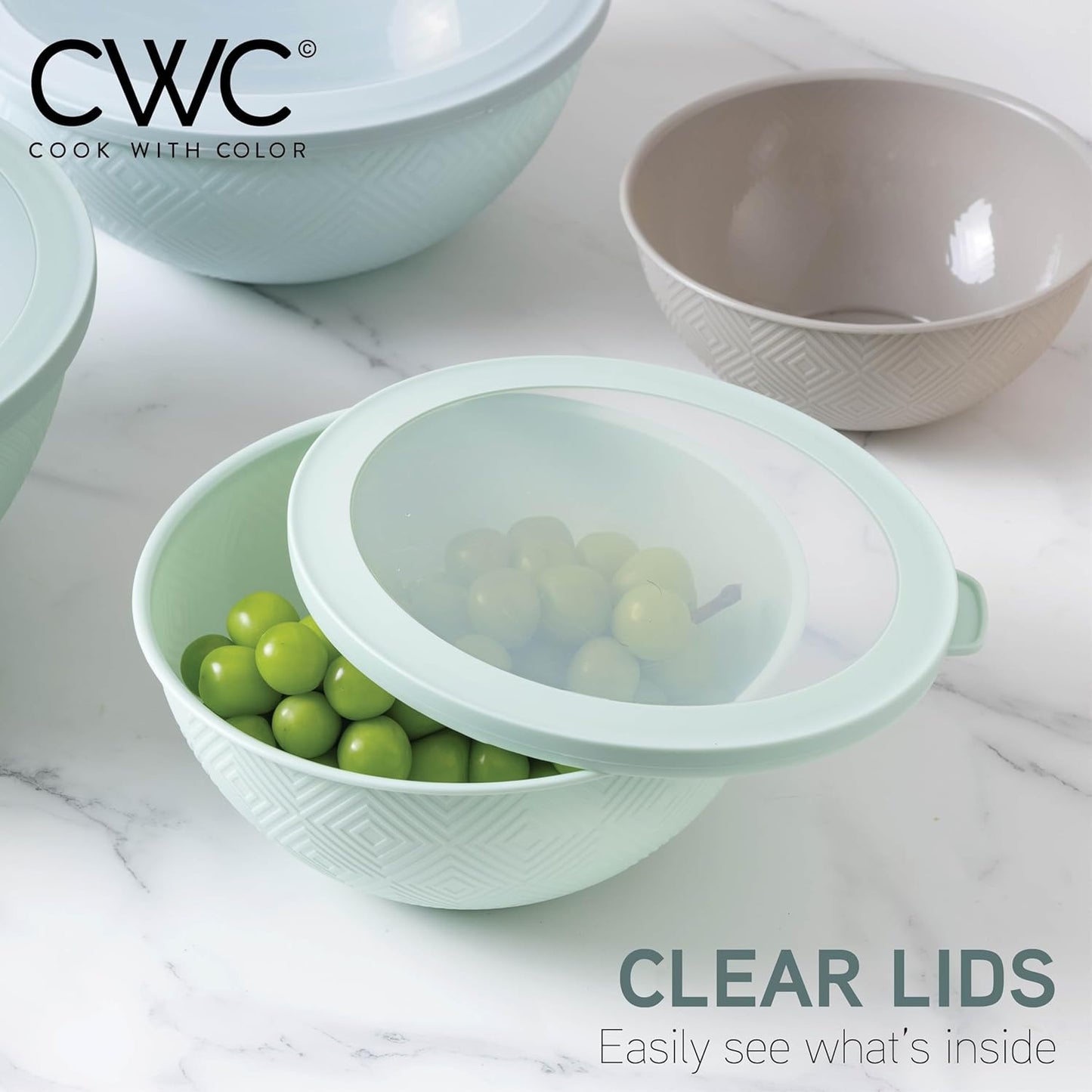 COOK WITH COLOR Mixing Bowls with Lids - 12 Piece Plastic Nesting Bowls Set includes 6 Prep Bowls and 6 Lids, Rhombus Design - Microwave Safe (Mint)