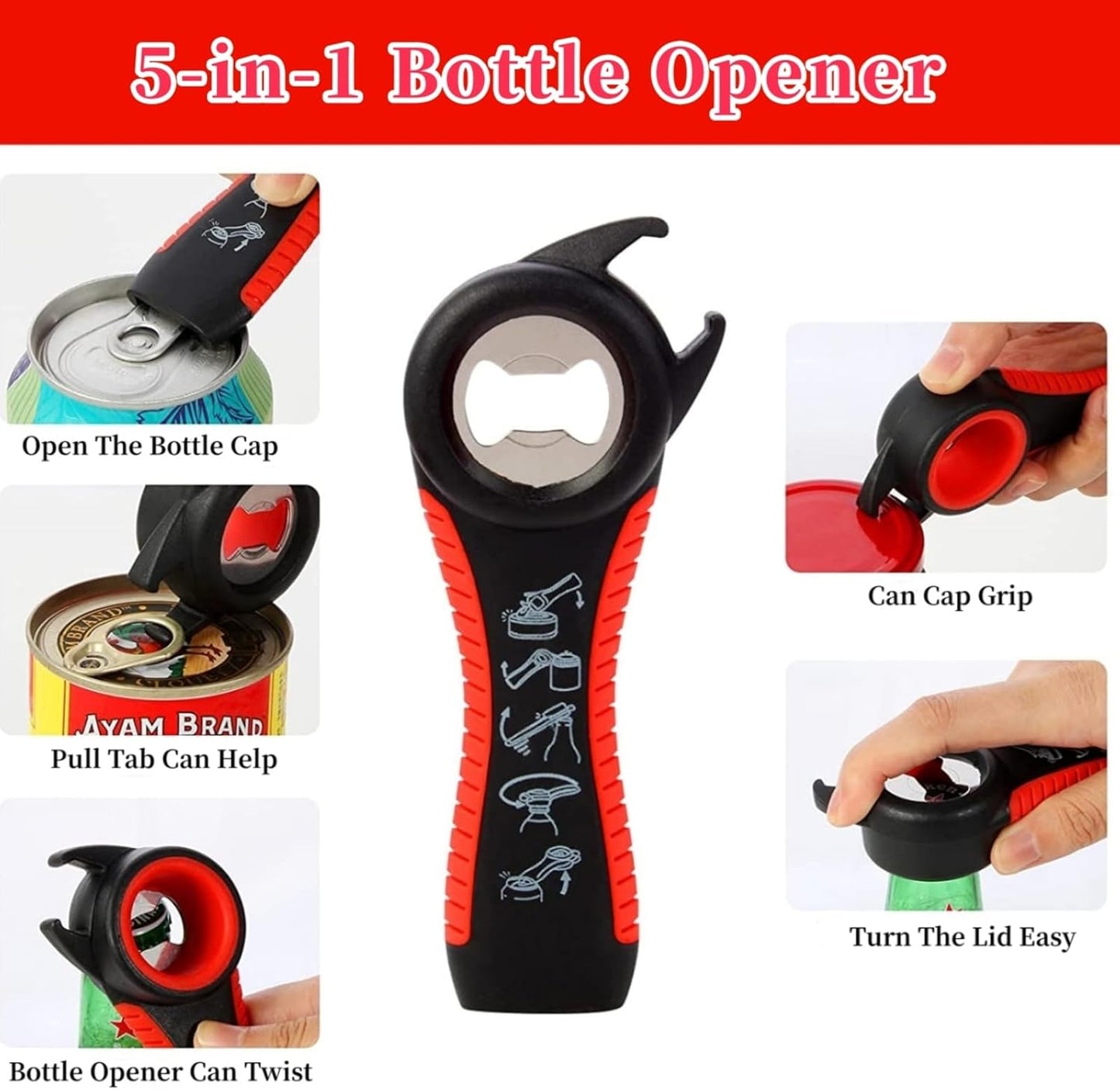 Bloss Anti-skid Jar Opener Can Opener Kitchen Grippers,4 in 1 Multi Function Bottle Opener Lid Opener for Seniors with Arthritis, Caps and Bottles Kitchen Gadgets For Small Hands or Seniors,Black Red