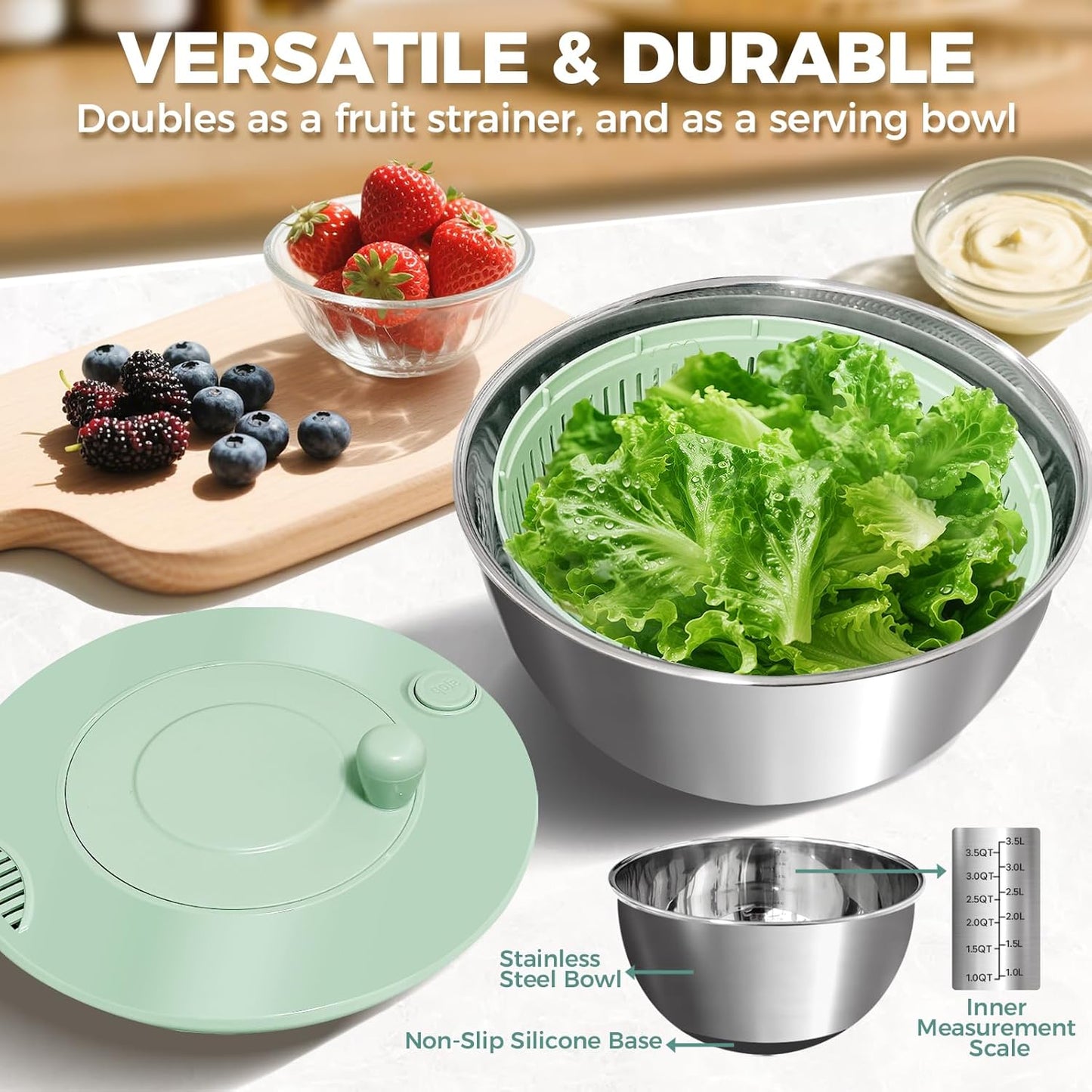 Airpro Stainless Steel Salad Spinner, Durable Lettuce Spinner with 5 Blade Slicer, Stop Button, Drainage Hole, Egg Yolk Strainer Shredder, Non-Slip Base, Vegetable Dryer, Fruit Washer, Dishwasher Safe