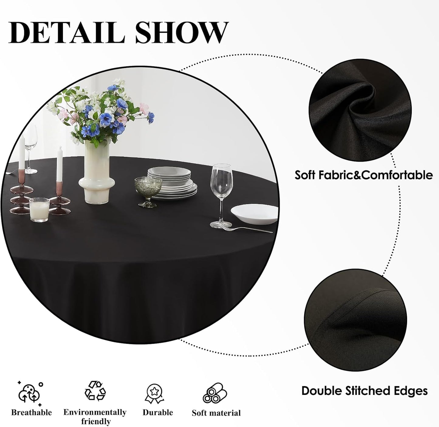 Round Tablecloth 120 Inch 1 Pack Black Tablecloths Washable Decorative Linen Polyester Table Clothes Cover for Dining Table Banquets Buffet Parties and Wedding